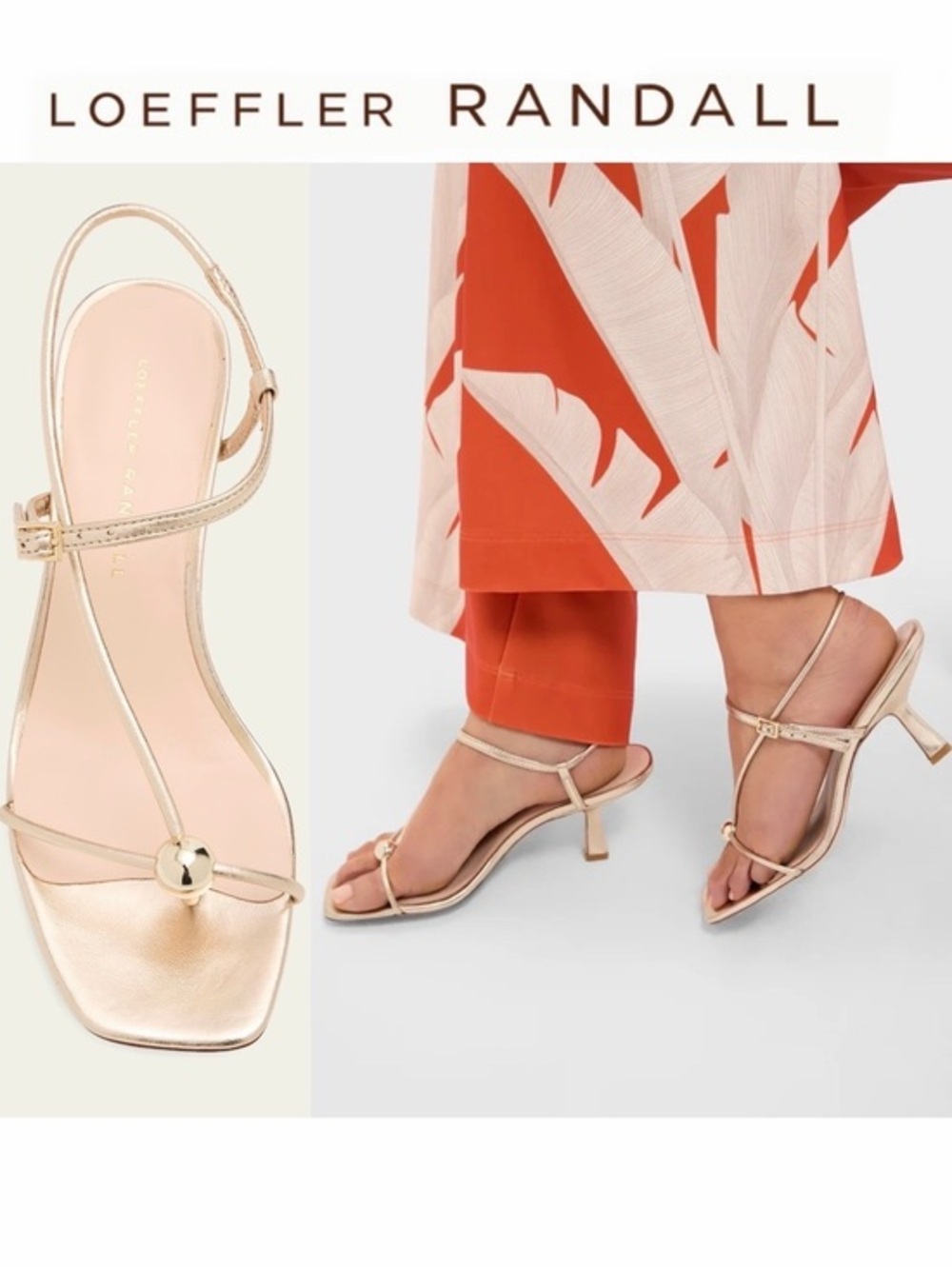 Loeffler Randall Champagne Triana Heels Metallic Gold T-Strap Sandals US 7 $350